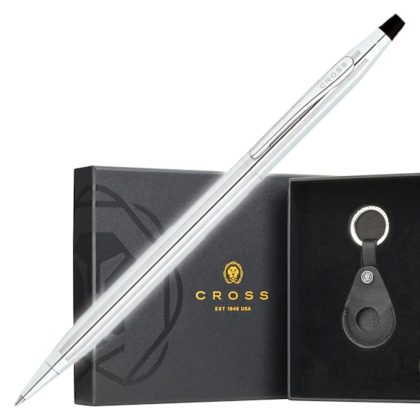 Cross Classic Century Lustrous Chrome Ballpoint pen w Black Smart Tracker Key Chain